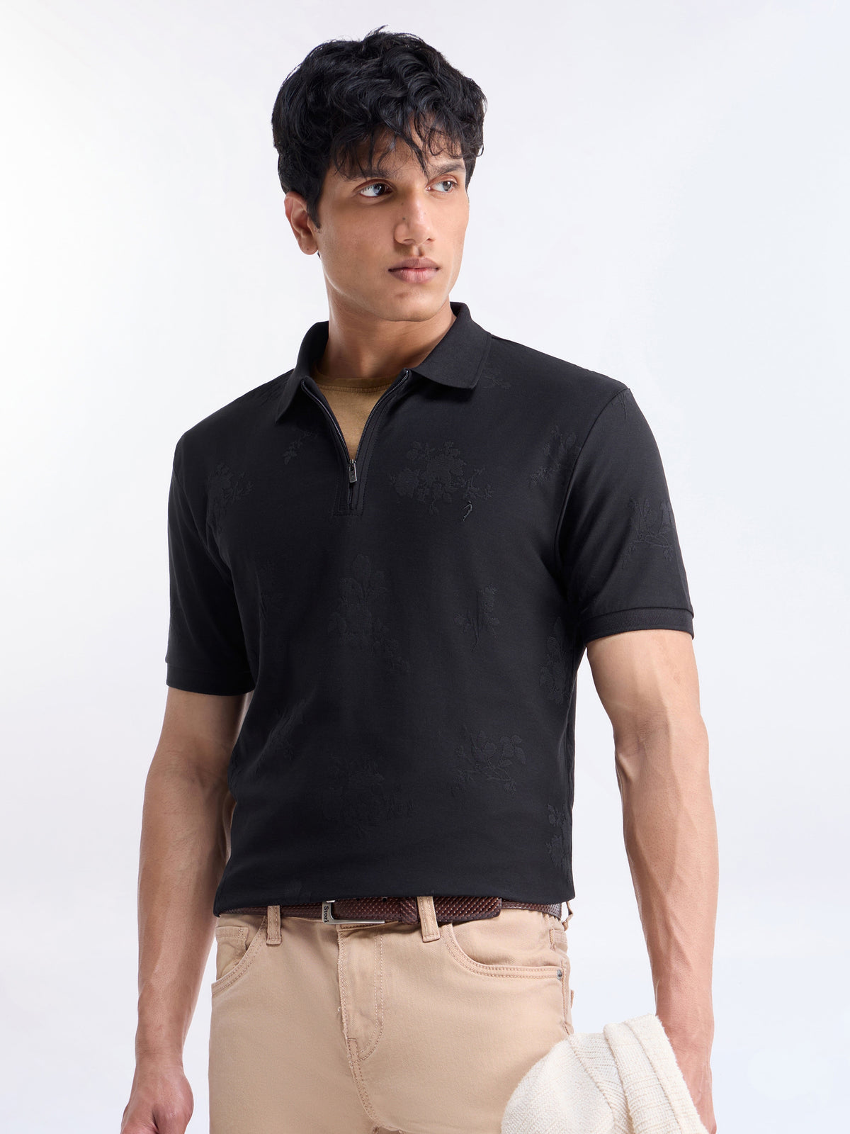 Jacquard Half Sleeve Regular Fit Polo T-Shirt - Black t4option_0