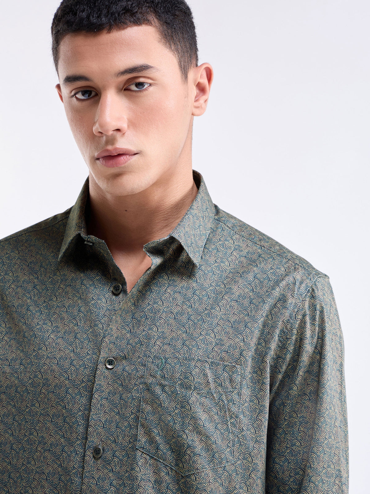 Printed Full Sleeve Cotton Shirt - Pine t4option_0