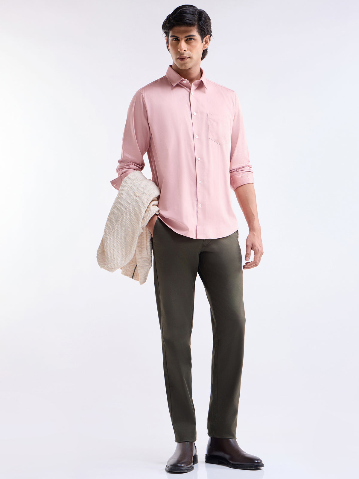 Solid Full Sleeve Cotton Stretch Shirt - Mid Pink t4option_5