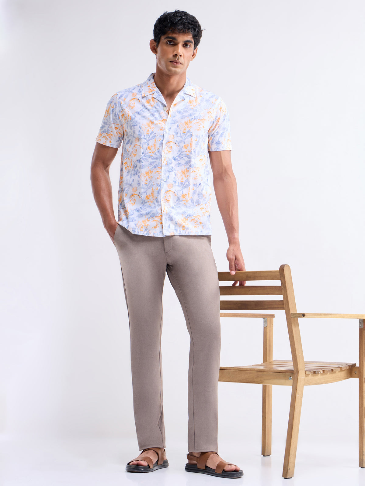 Printed Half Sleeve Cotton Shirt - White t4option_0