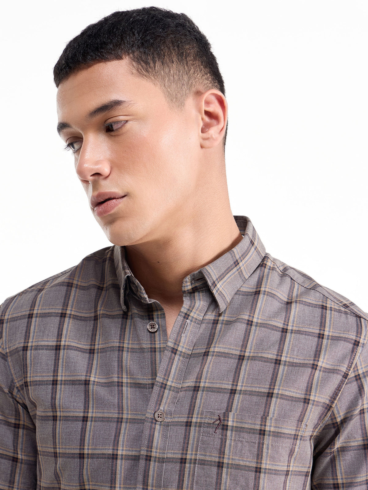 Check Half Sleeve Cotton Shirt - Lt Brown M t4option_0