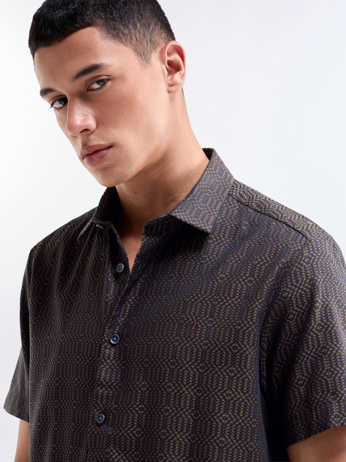 Jacquard Half Sleeve Cotton Shirt - Brown t4option_0