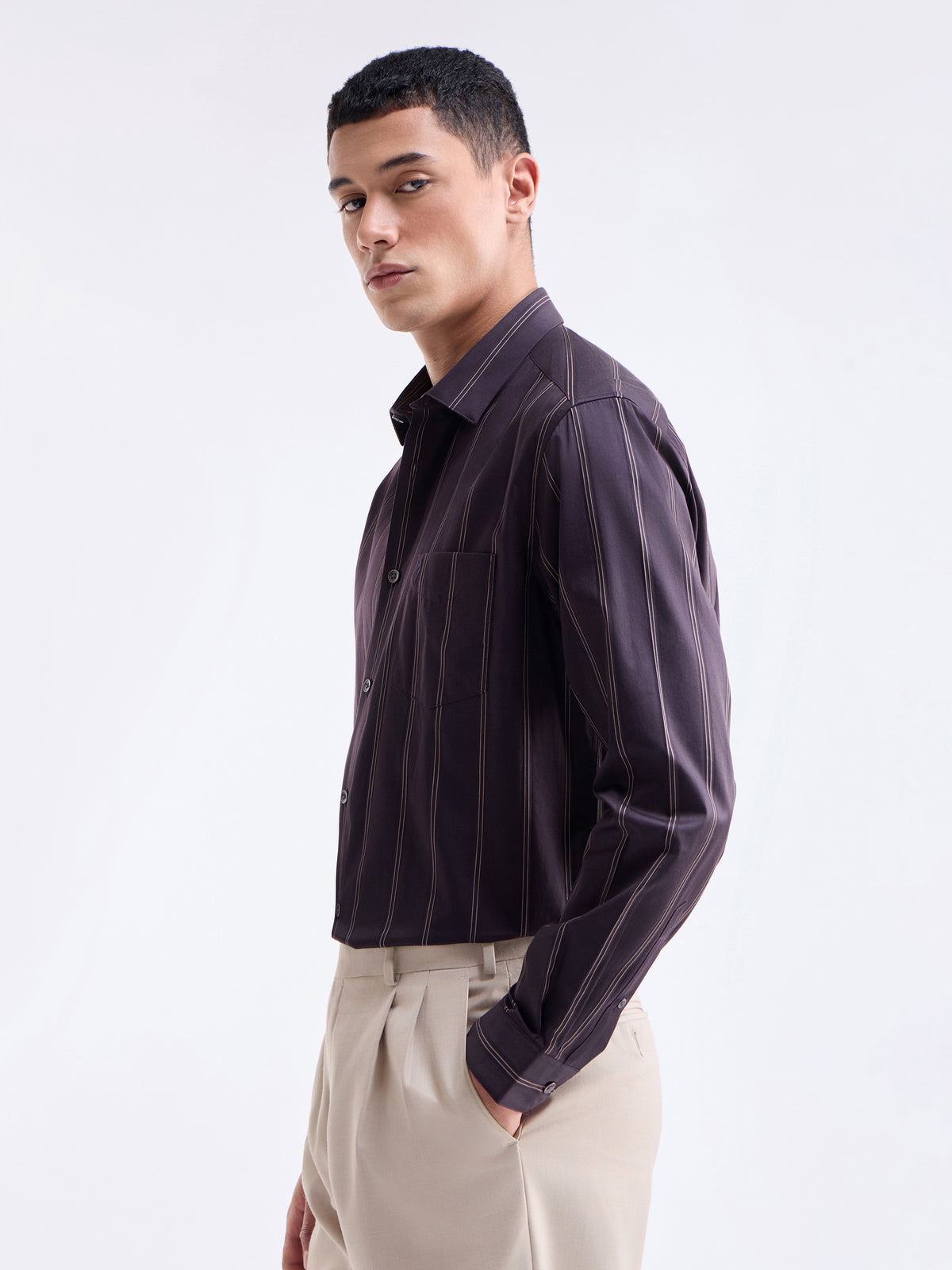 Striped Full Sleeve Cotton Shirt - Wine t4option_0