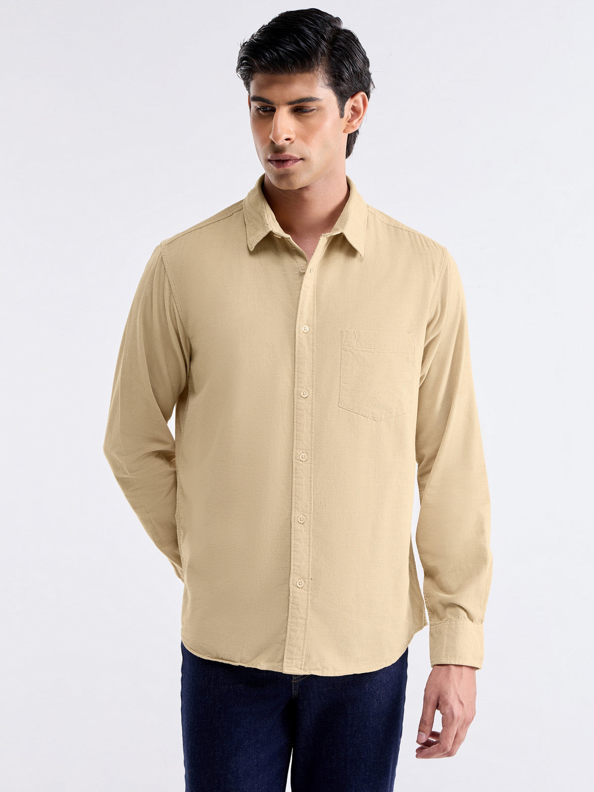 Check Full Sleeve Cotton Shirt - Beige t4option_0