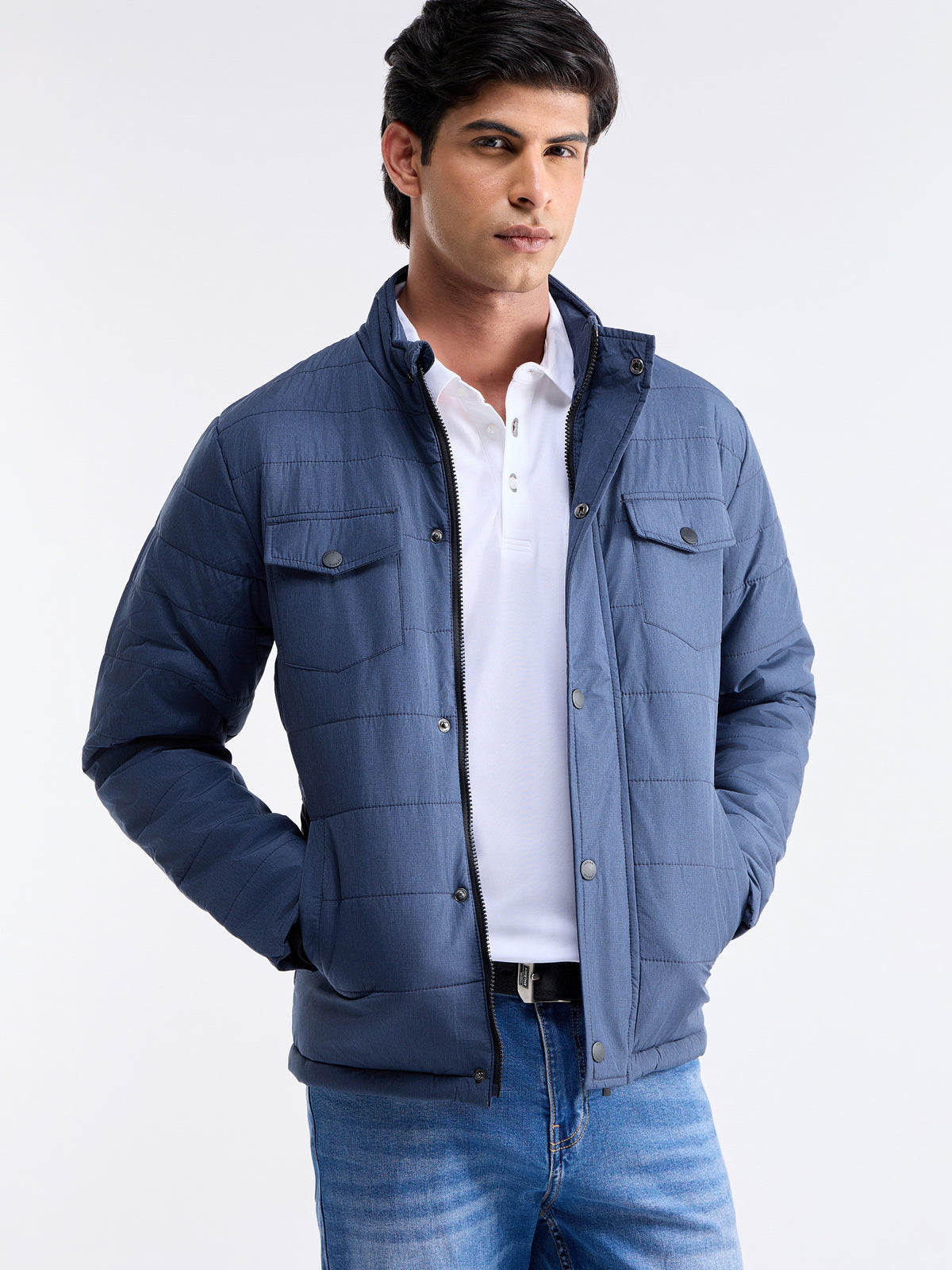 Textured Full Sleeve Biker Jacket - Navy t4option_0