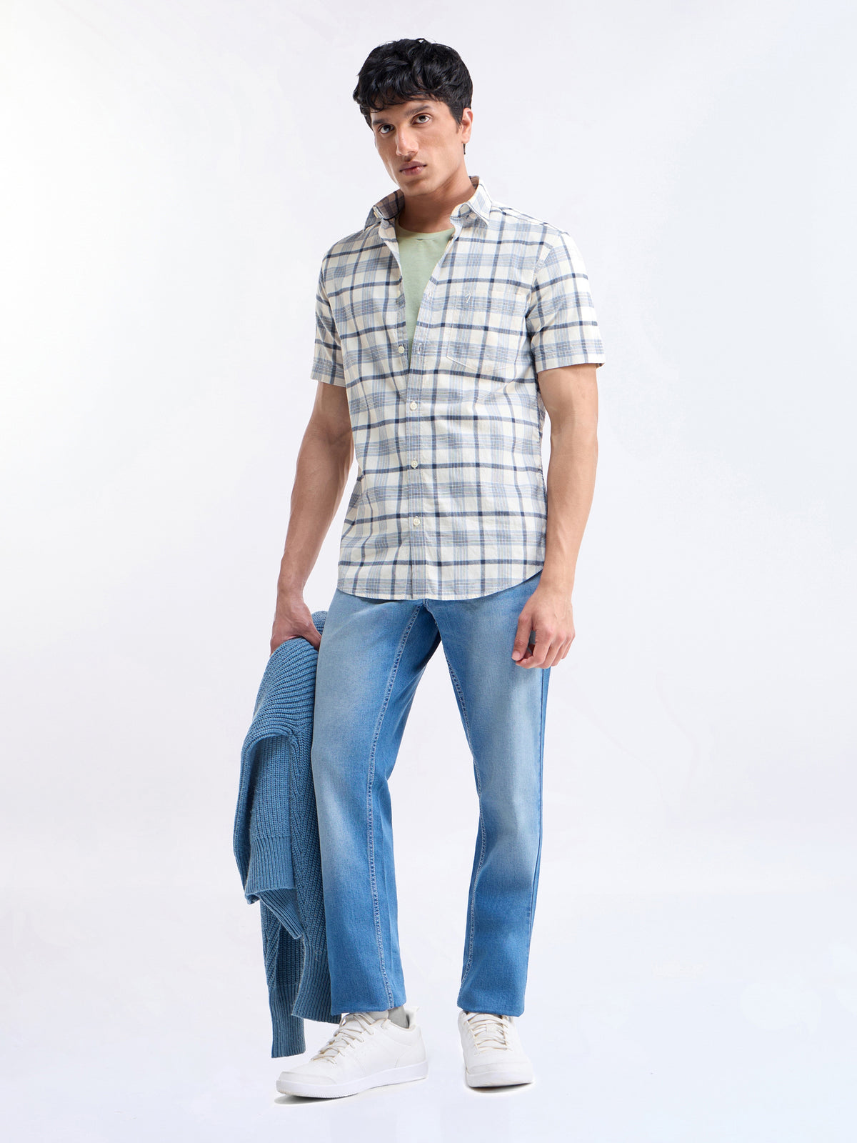 Check Half Sleeve Cotton Shirt - Sky mel t4option_0