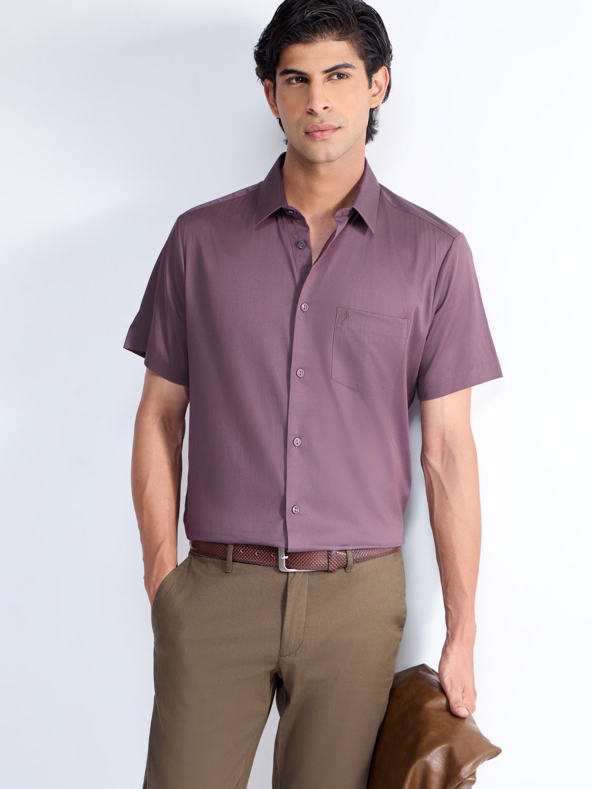 Solid Half Sleeve Cotton Stretch Shirt - Purple t4option_5