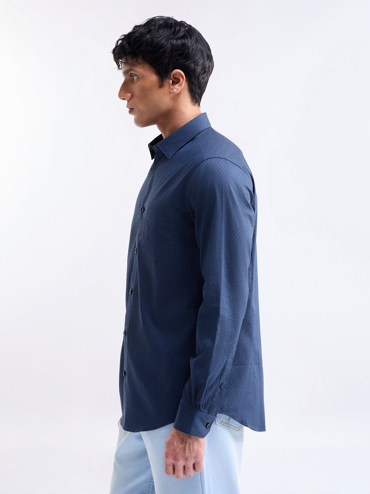 Solid Full Sleeve Cotton Shirt - Navy t4option_0