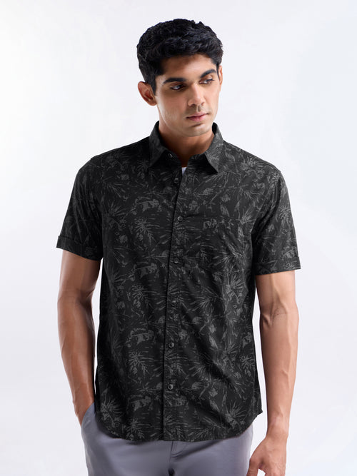 Printed Half Sleeve Cotton Shirt - Black t4option_0