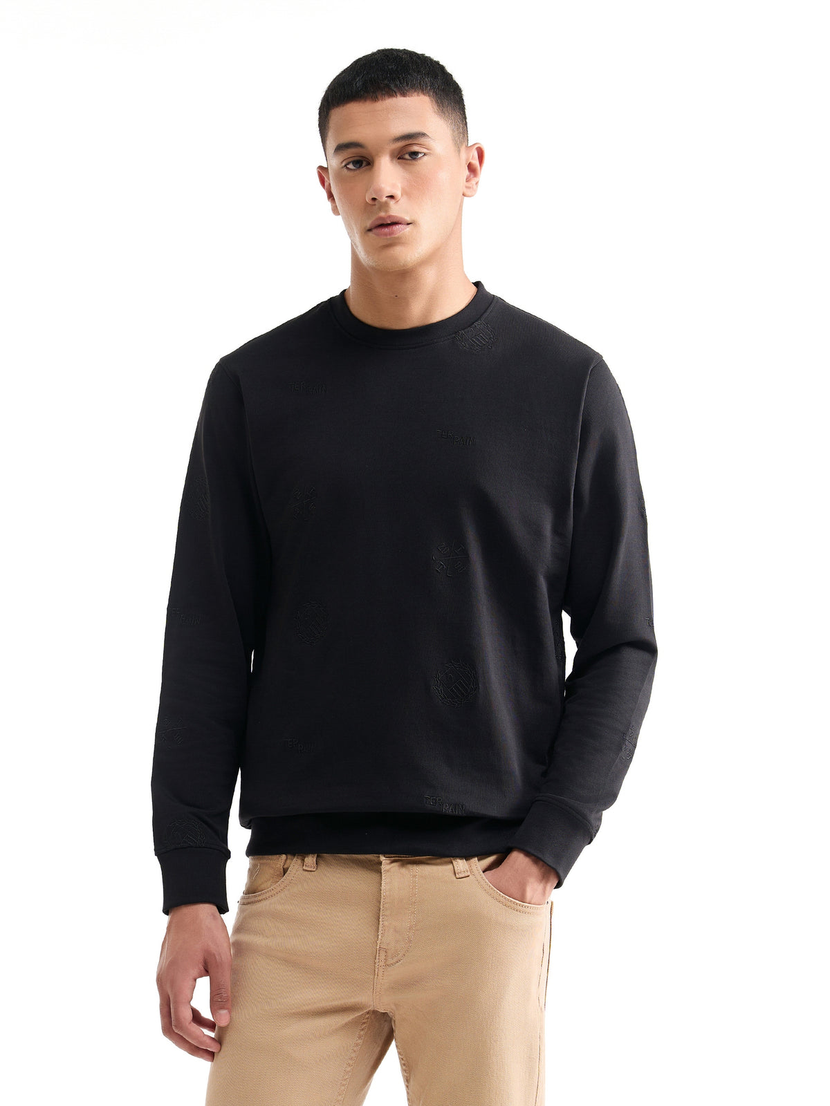 Printed Crew Neck Sweatshirt - Black t4option_0