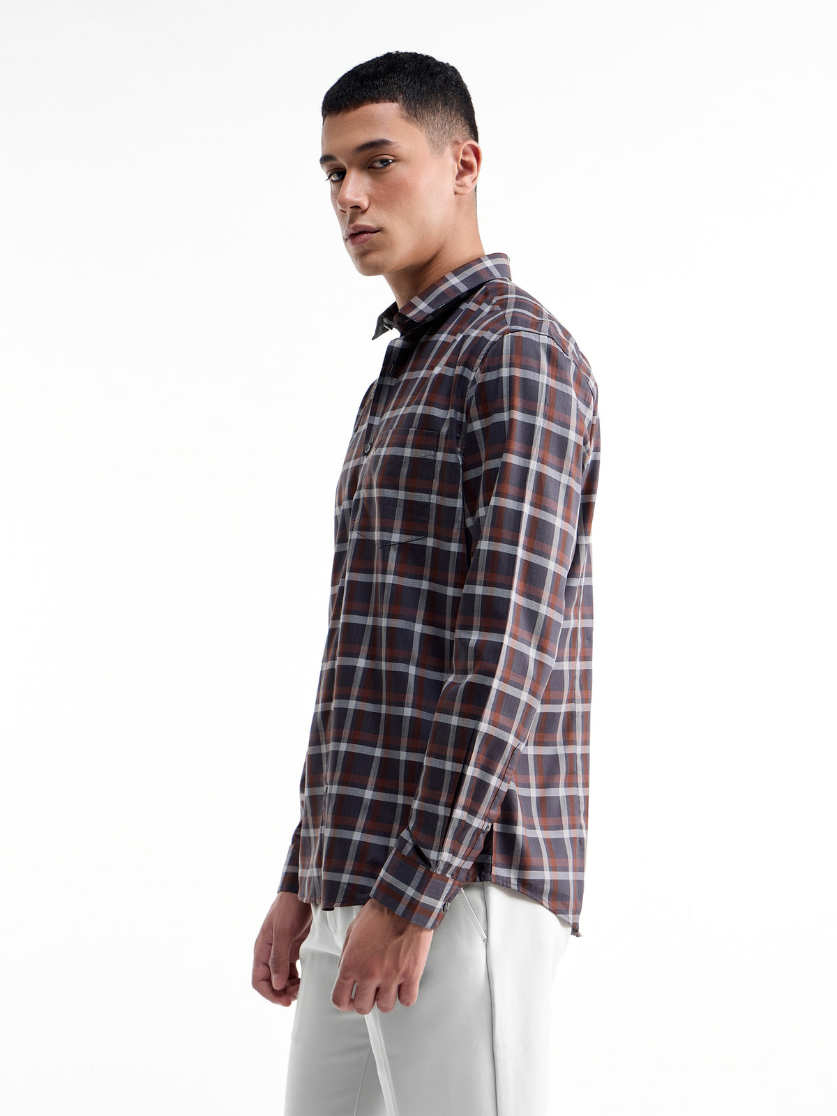 Check Full Sleeve Cotton Shirt - Dark Brown t4option_0