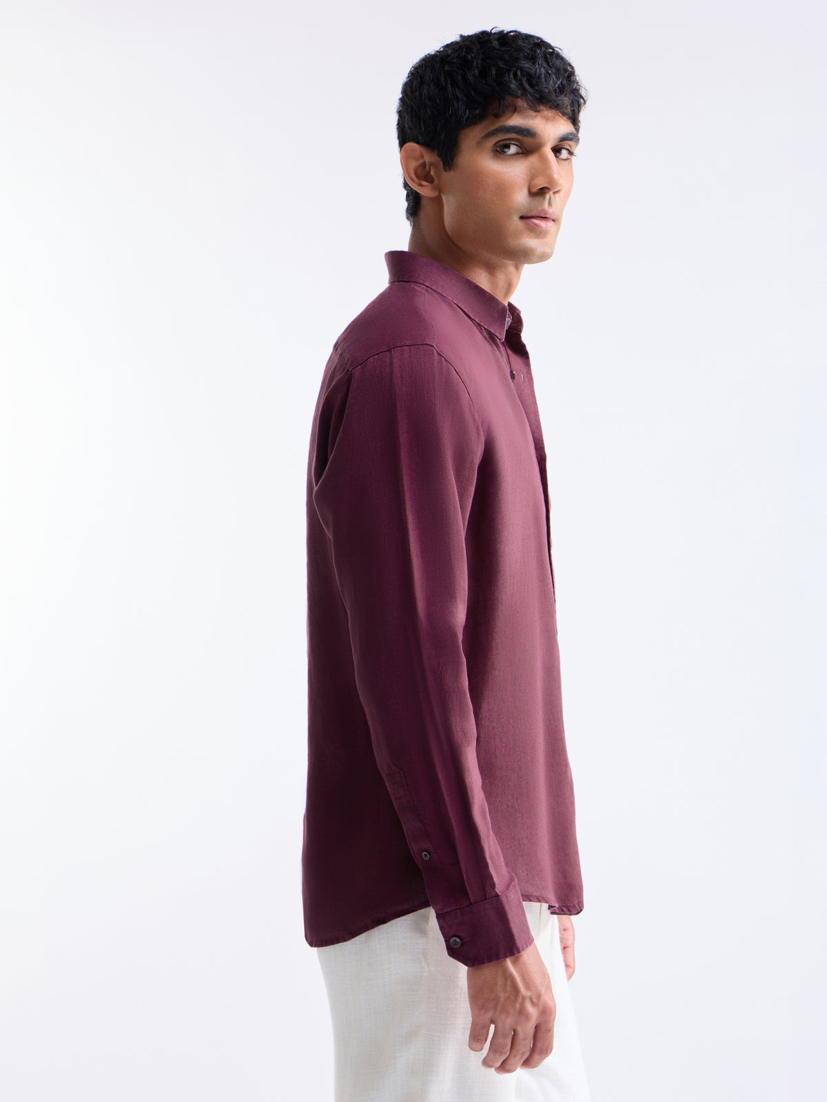 Solid Full Sleeve Linen Shirt - Burgundy t4option_2