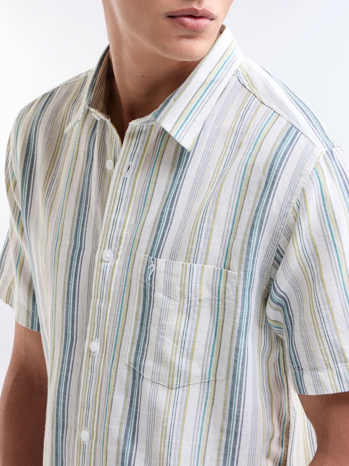 Striped Half Sleeve Cotton Linen Shirt - White t4option_0