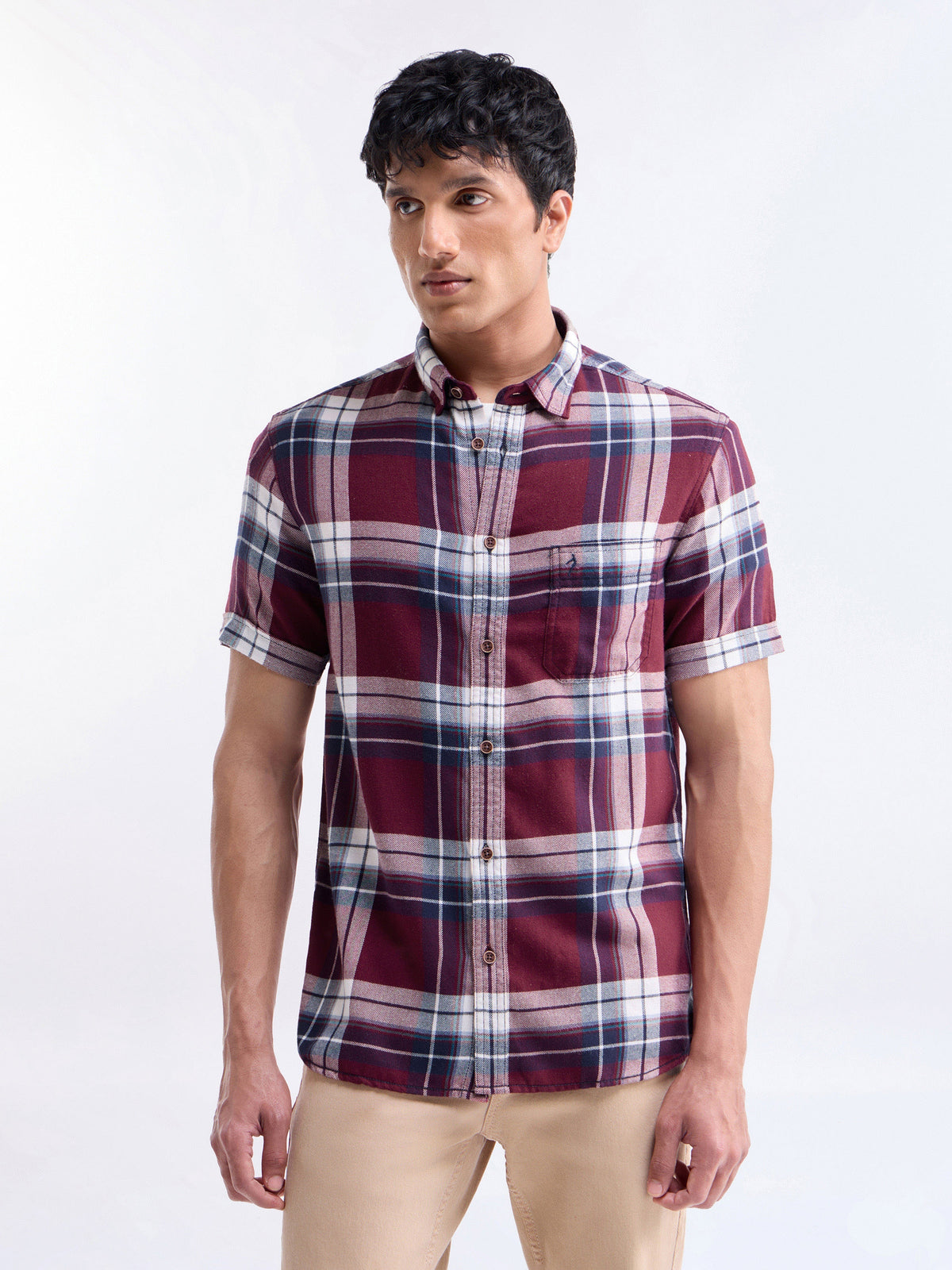 Check Half Sleeve Cotton Shirt - Red t4option_0