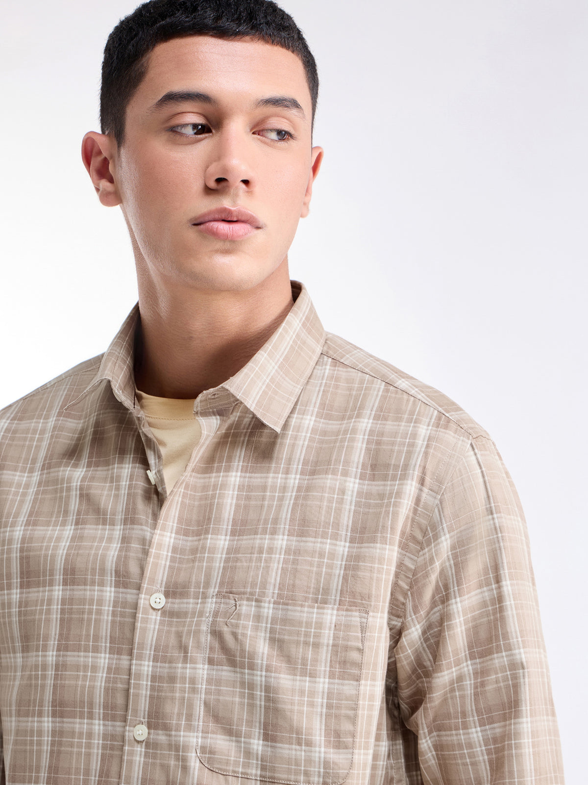 Check Full Sleeve Cotton Shirt - Khaki Mel t4option_0