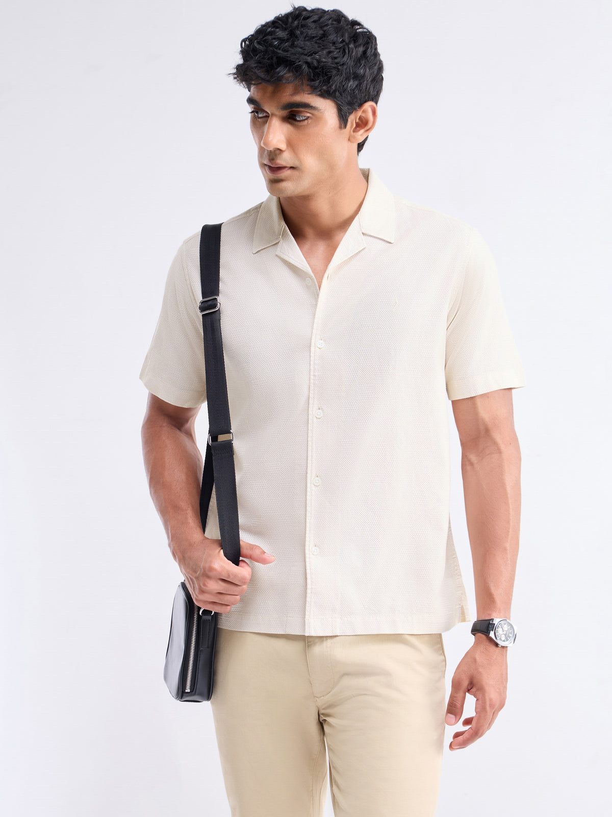 Solid Half Sleeve Cotton Shirt - Beige t4option_0