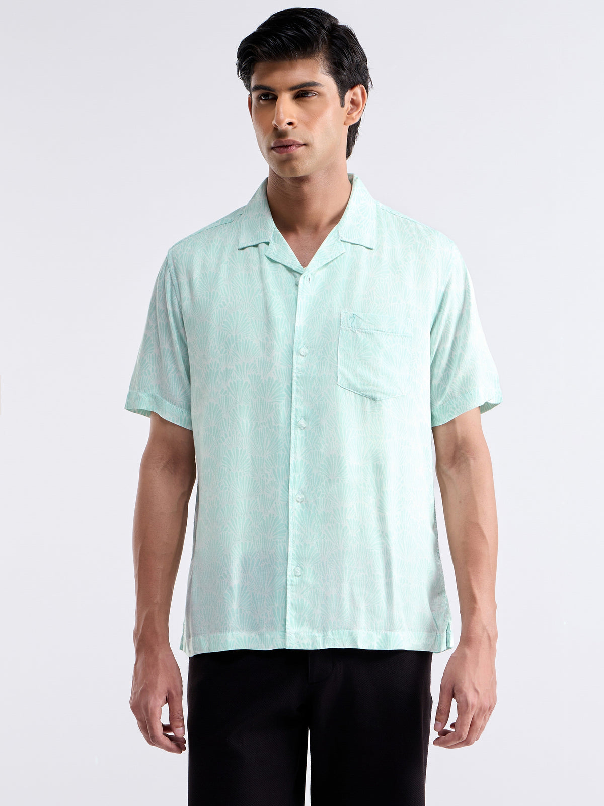Printed Half Sleeve Tencel Rayon Shirt - Lt Green t4option_0
