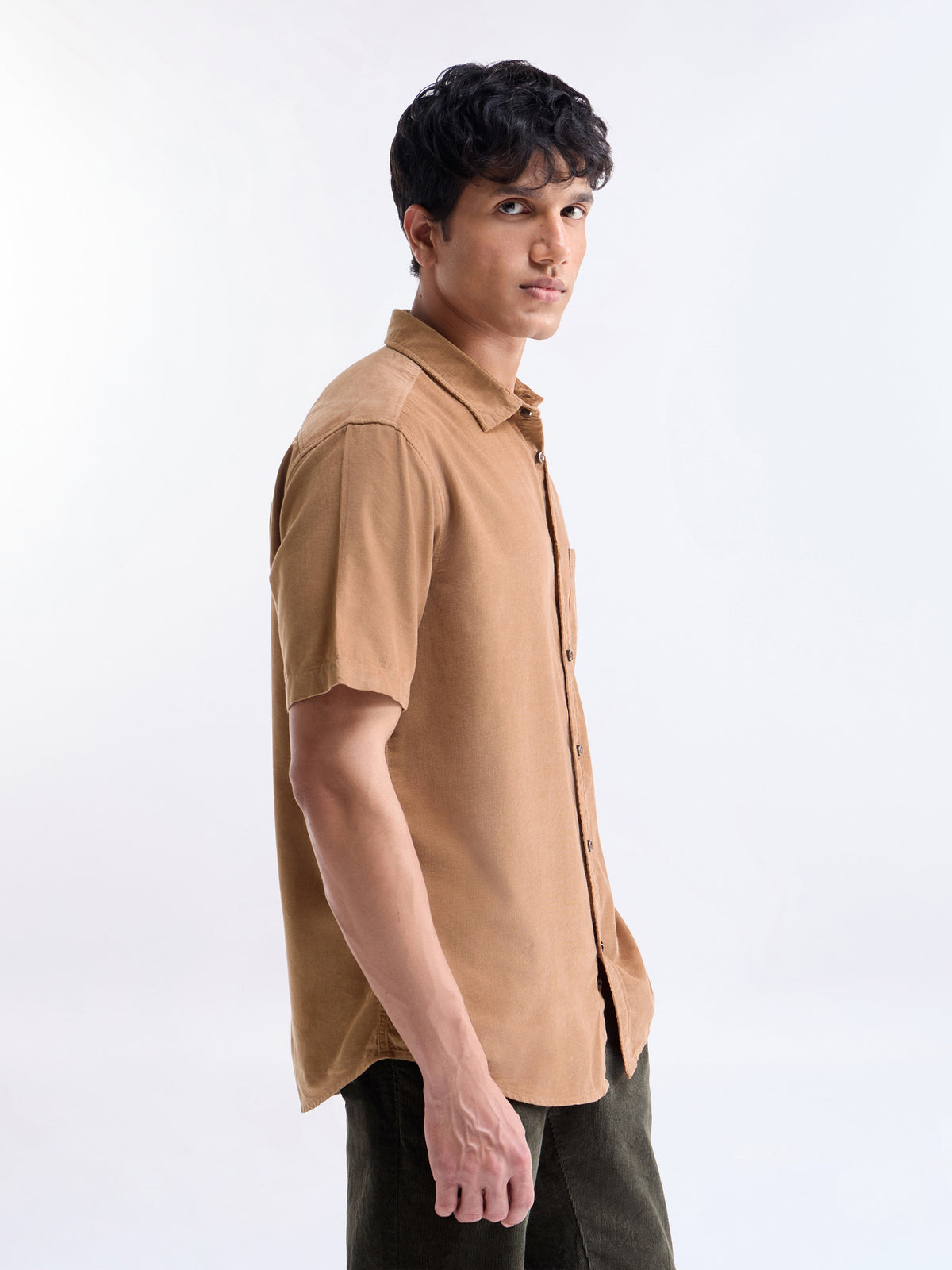 Solid Half Sleeve Cotton Tencel Shirt - Spice t4option_0