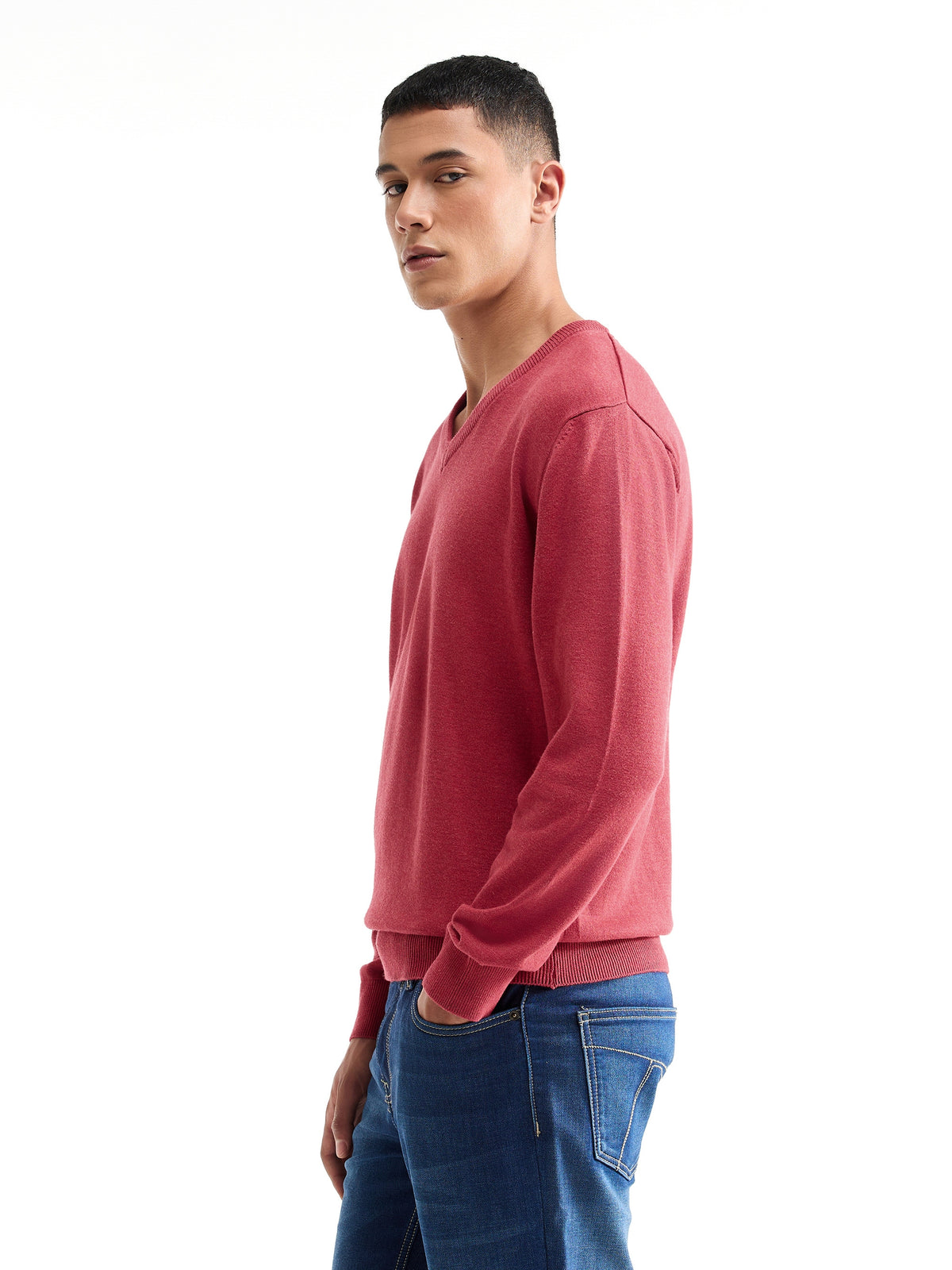 Solid Full Sleeve V-Neck Sweater - Savvy Red t4option_0
