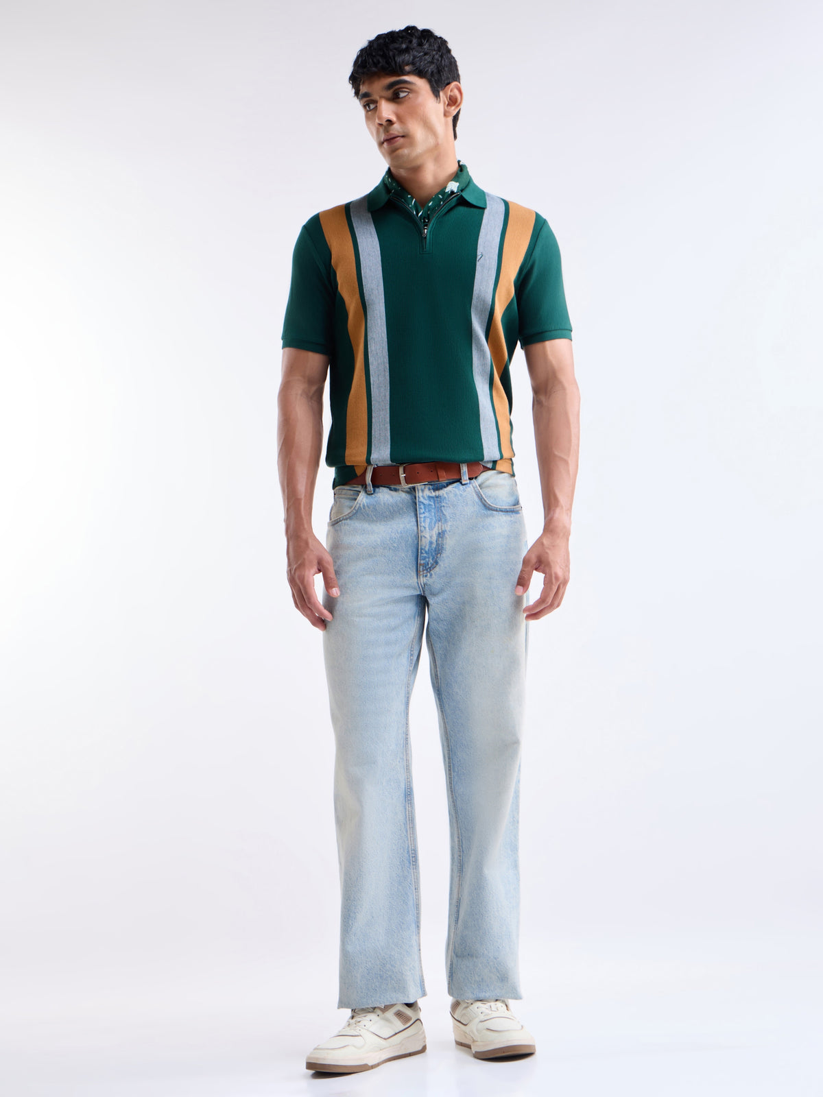Striped Half Sleeve Regular Fit Polo T-Shirt - Pine t4option_1
