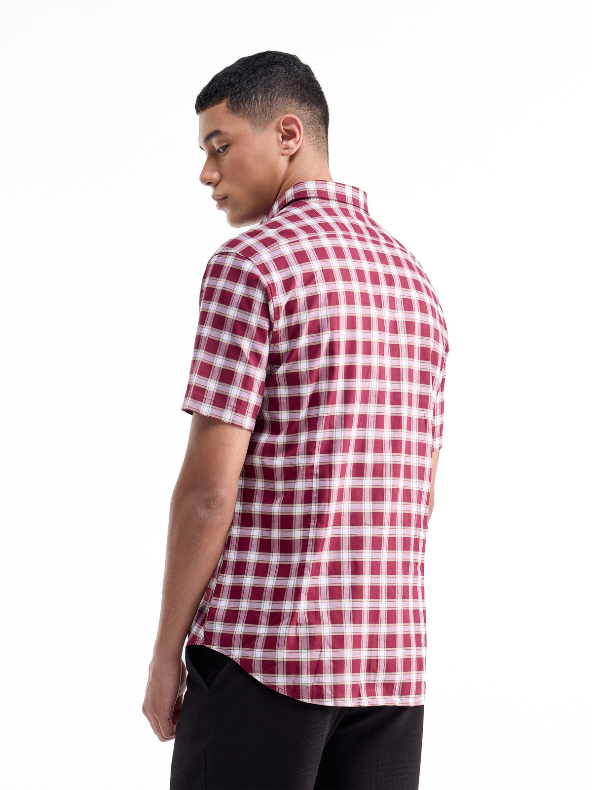 Check Half Sleeve Cotton Shirt - Maroon t4option_0