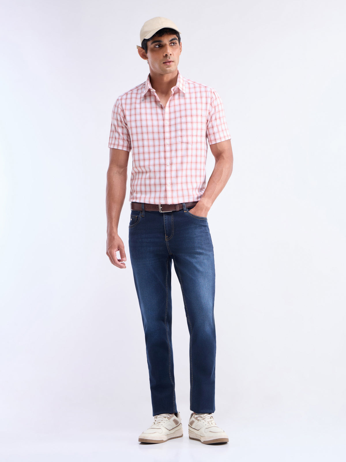 Check Half Sleeve Cotton Shirt - Peach t4option_1