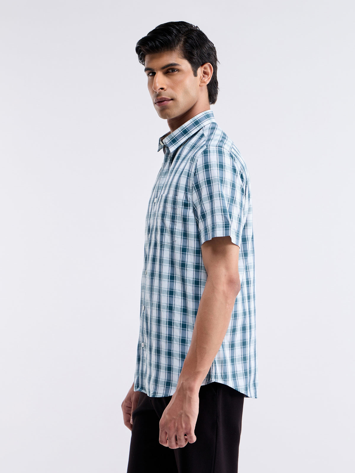 Check Half Sleeve Cotton Shirt - Sky t4option_0