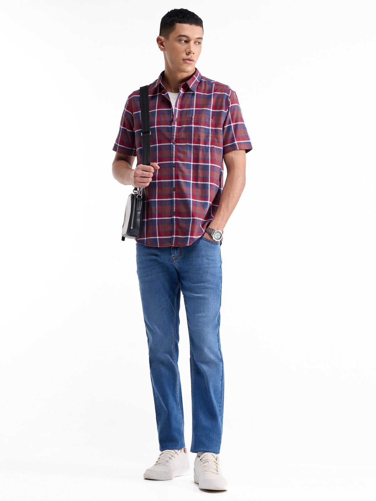 Check Half Sleeve Cotton Shirt - Choco Mel t4option_0