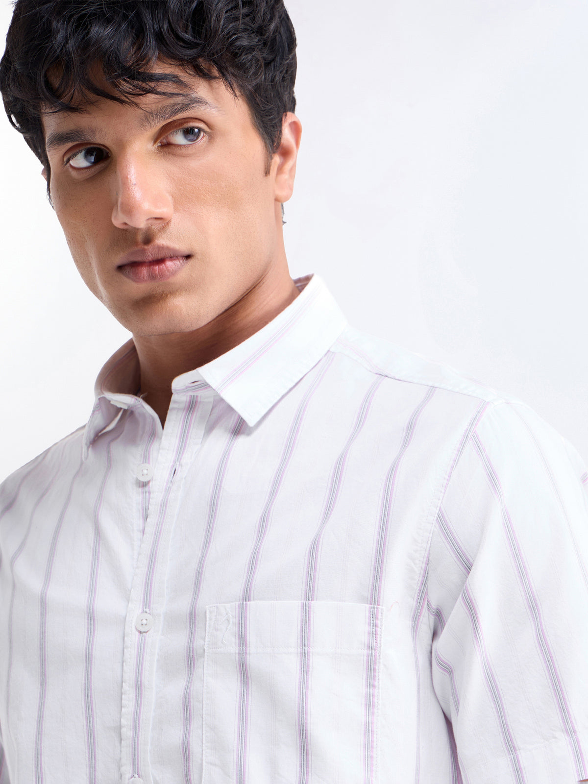 Striped Half Sleeve Cotton Shirt - Pink t4option_0