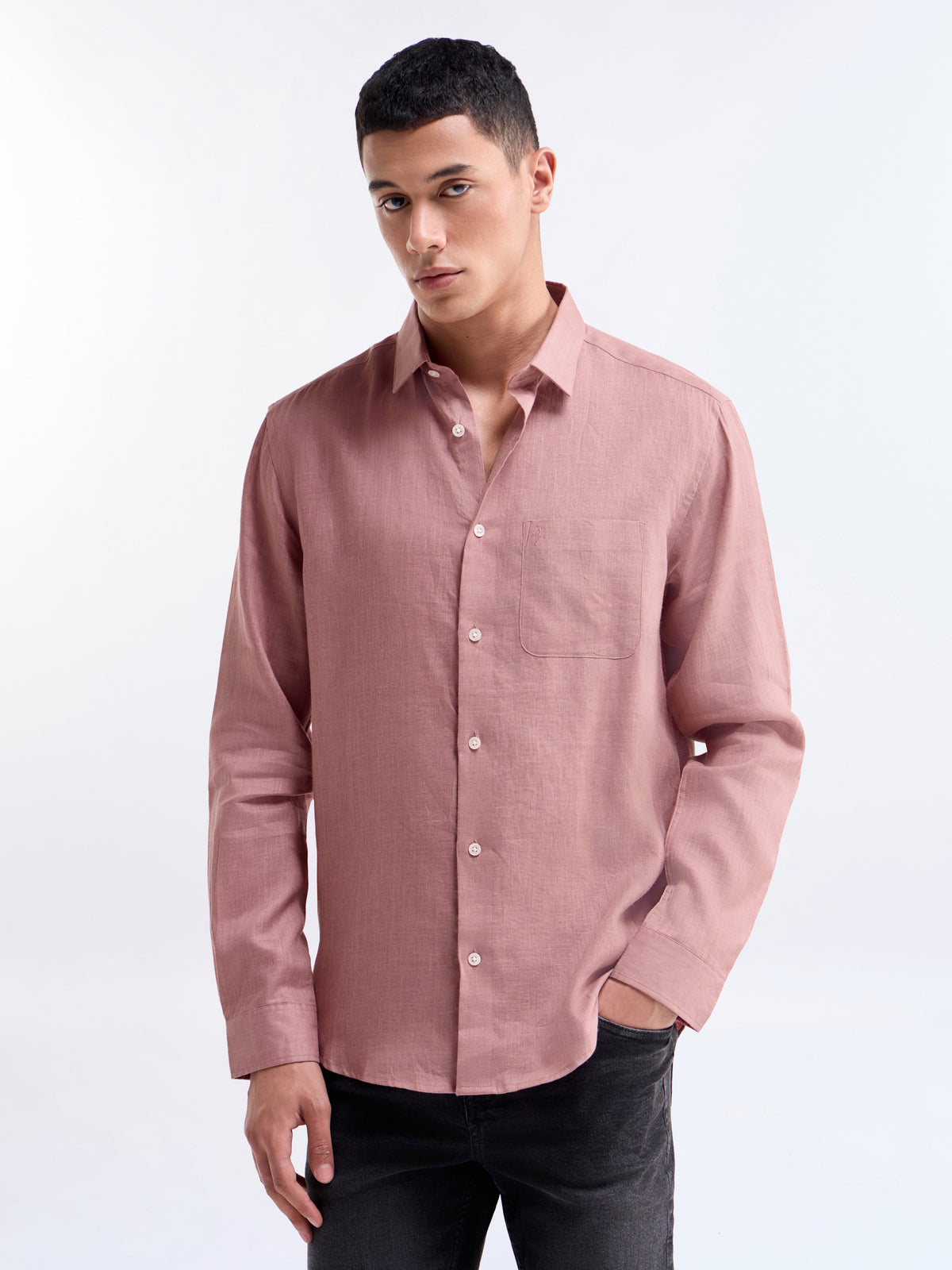 Solid Full Sleeve Linen Shirt - Pale Pink t4option_0