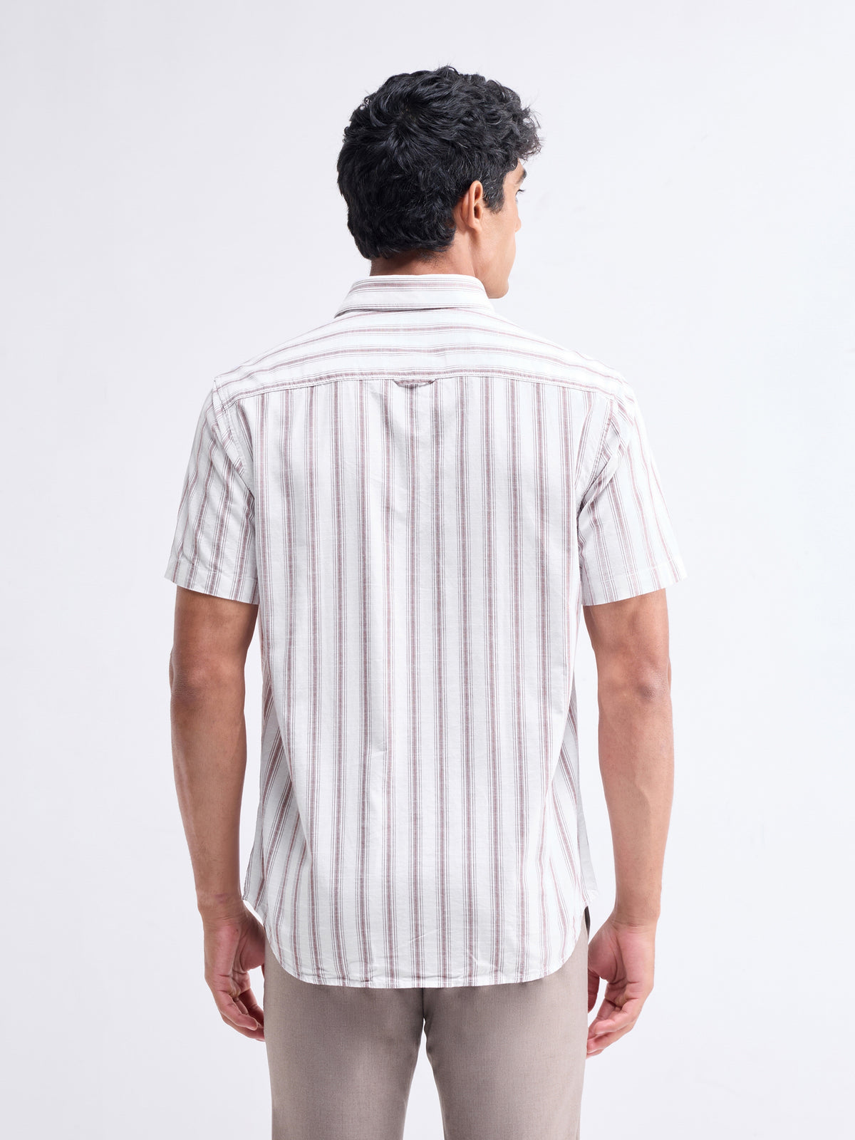Striped Half Sleeve Cotton Shirt - Khaki t4option_0