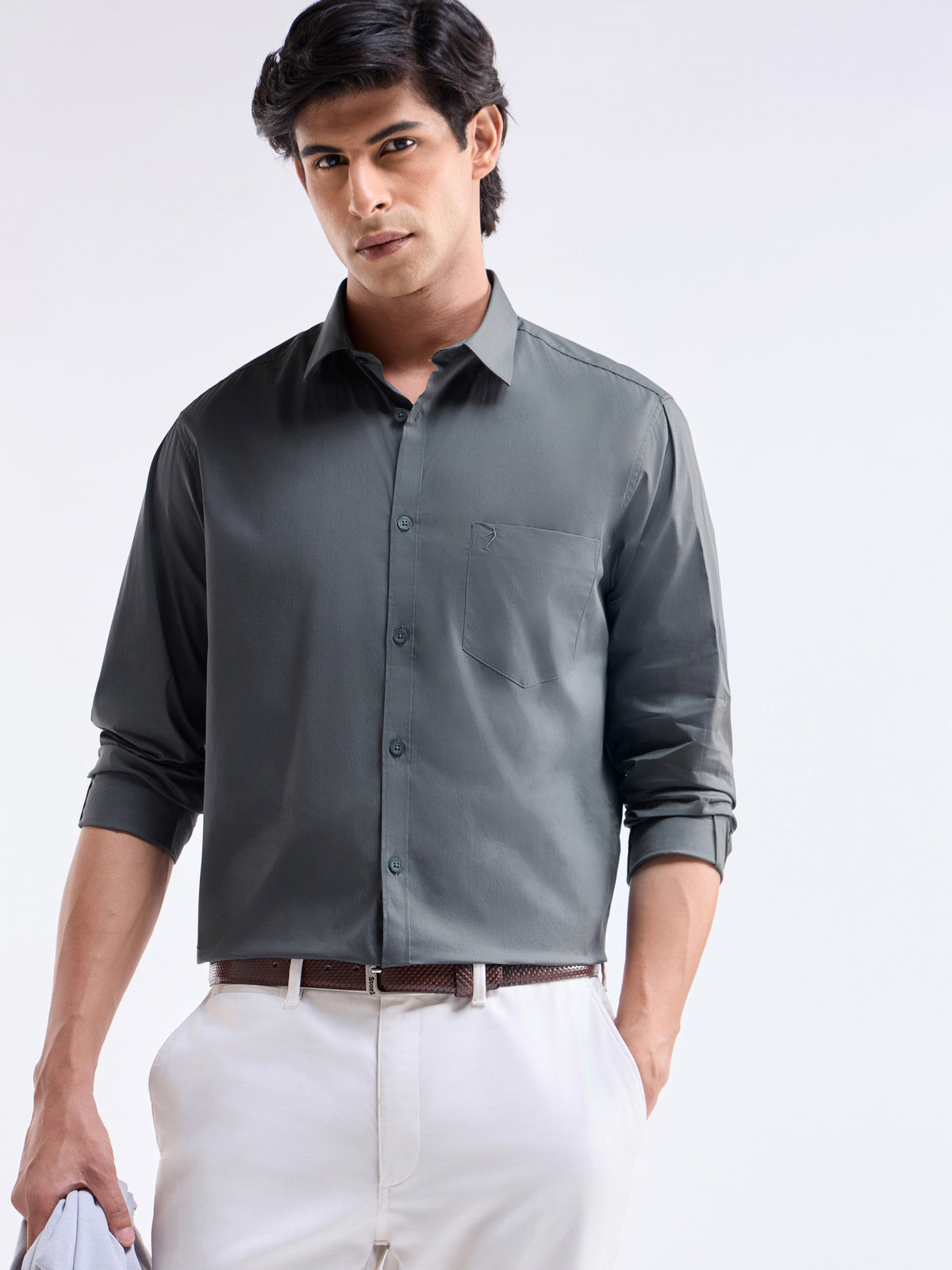 Solid Full Sleeve Cotton Stretch Shirt - Dark Grey t4option_3