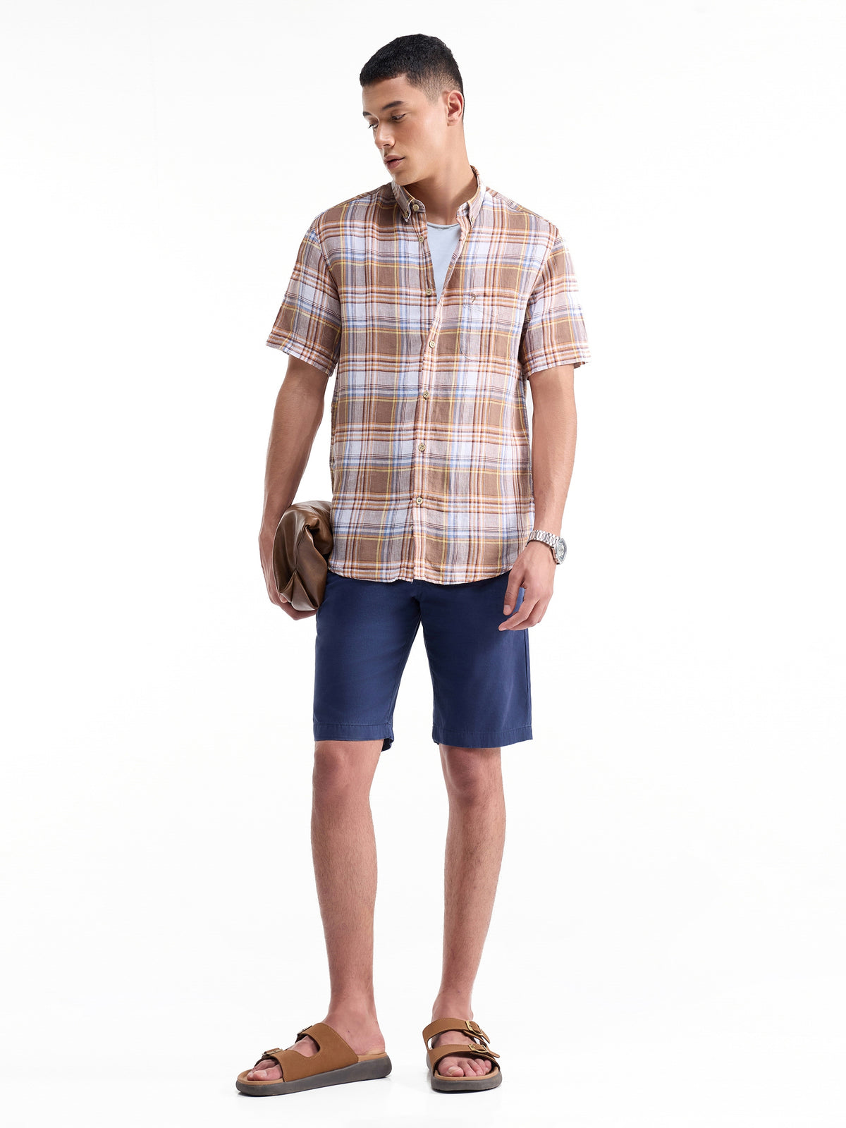 Check Half Sleeve Linen Shirt - Brown t4option_0