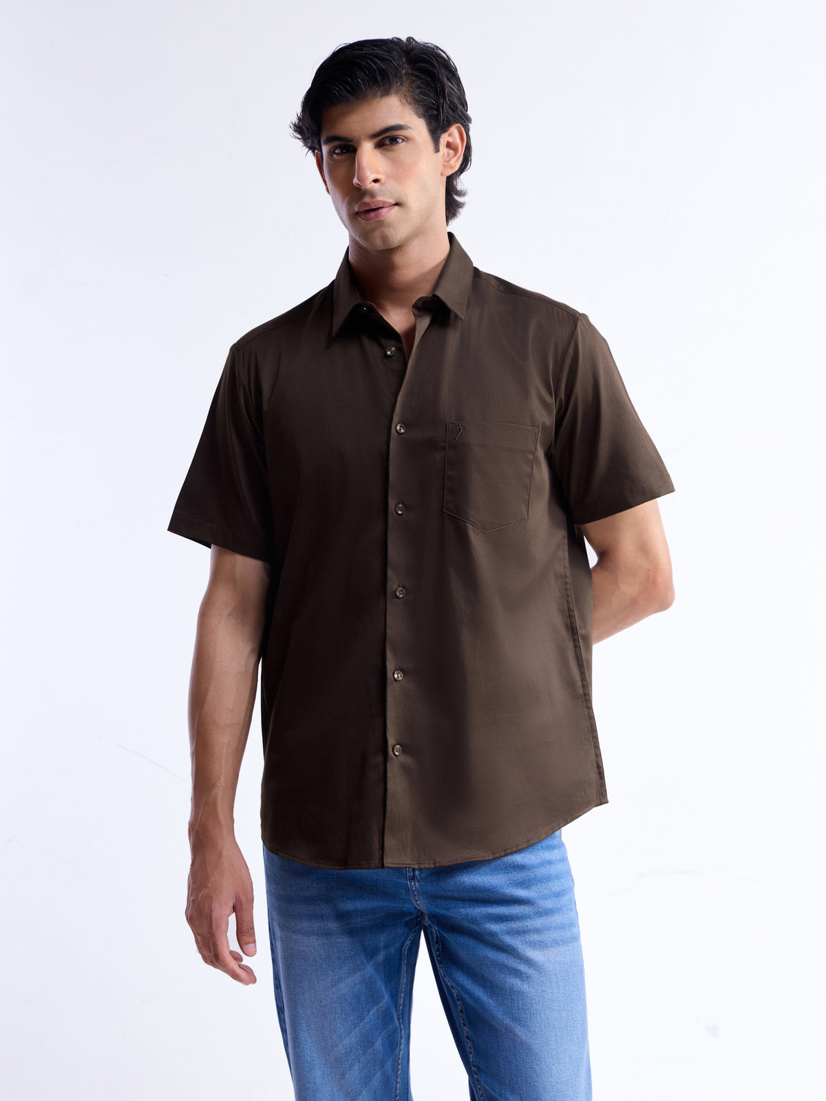 Solid Half Sleeve Cotton Stretch Shirt - Dark Choco t4option_1