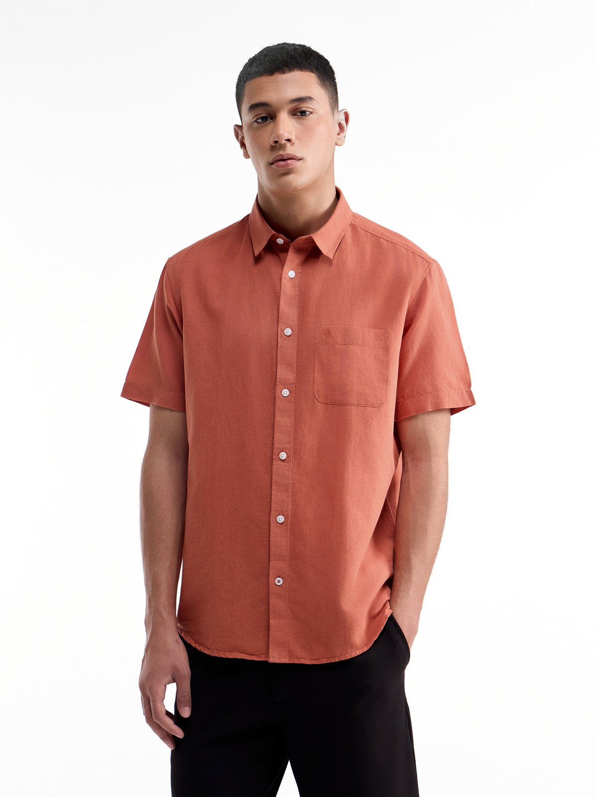 Solid Half Sleeve Cotton Linen Shirt - Rust t4option_4