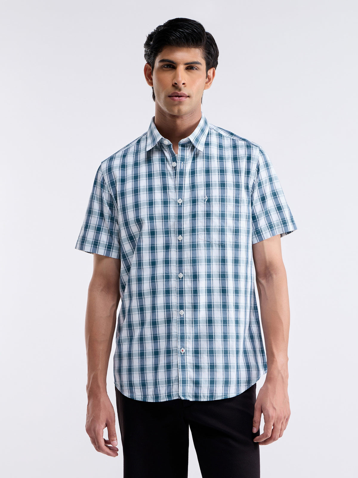 Check Half Sleeve Cotton Shirt - Sky t4option_0
