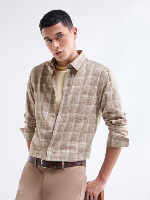 Check Full Sleeve Cotton Shirt - Khaki Mel t4option_0