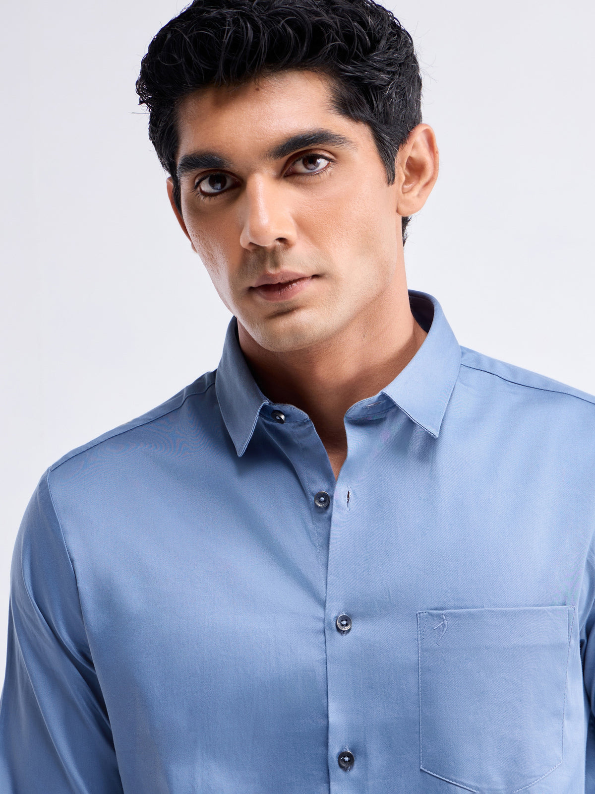 Solid Full Sleeve Cotton Stretch Shirt - Blue t4option_3
