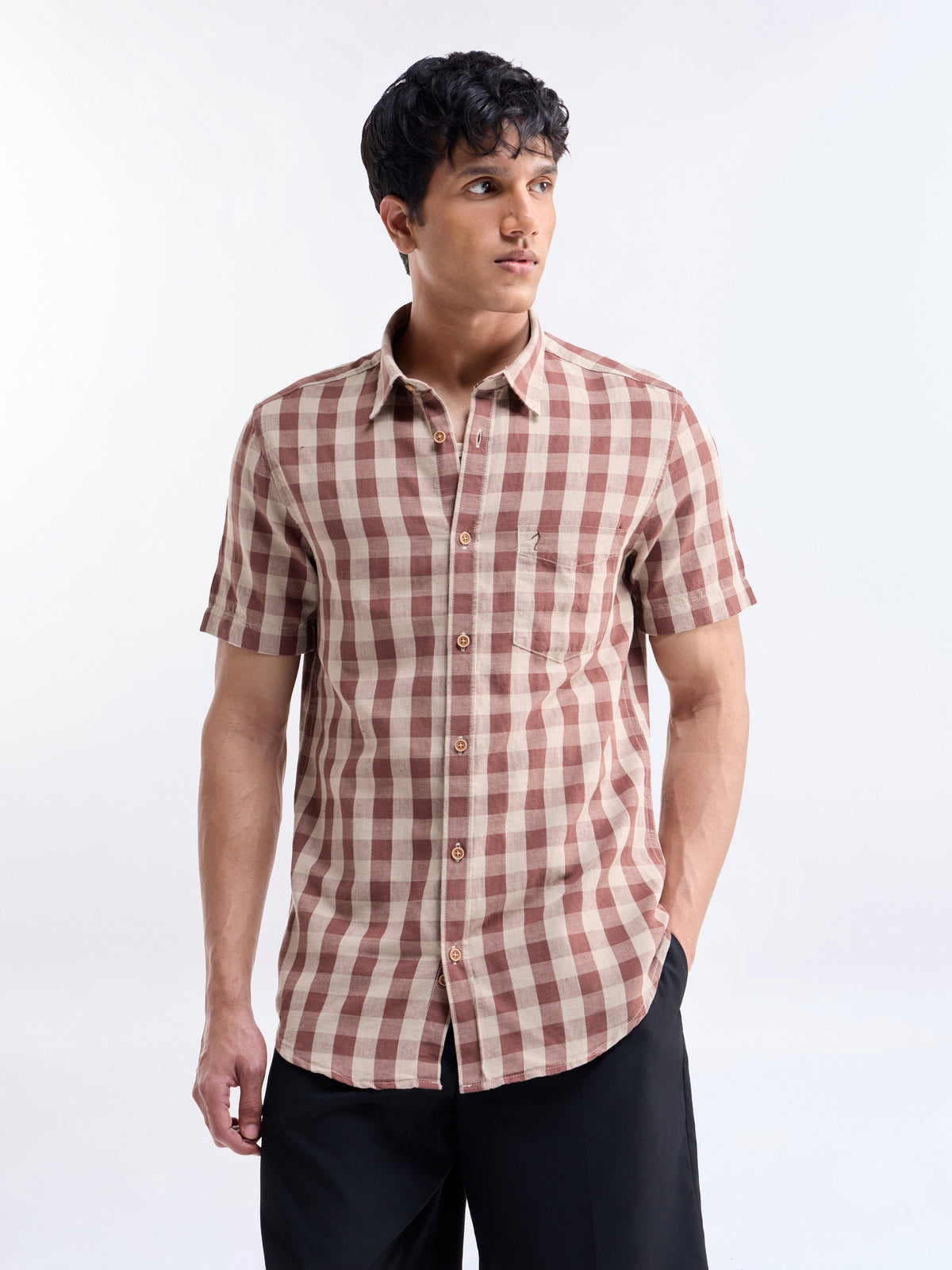 Check Half Sleeve Cotton Linen Shirt - Brown t4option_0