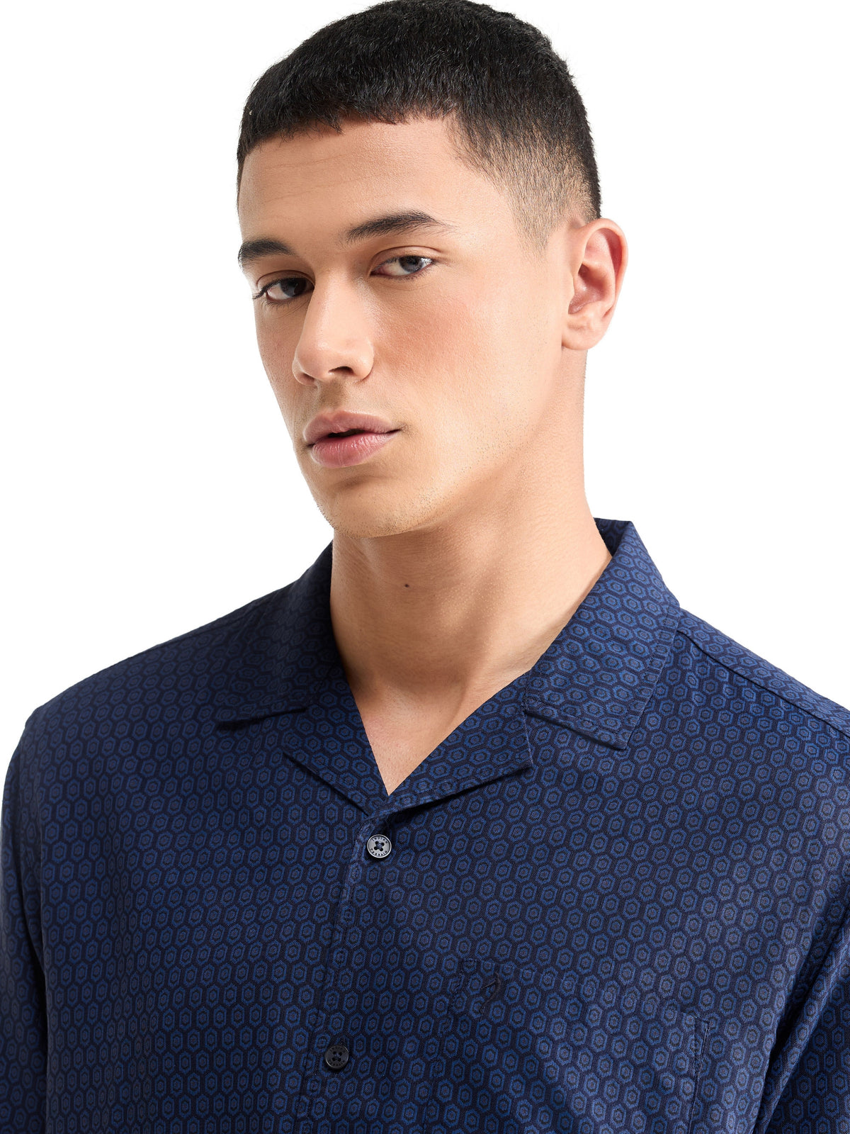 Printed Half Sleeve Viscose Linen Shirt - Navy t4option_0