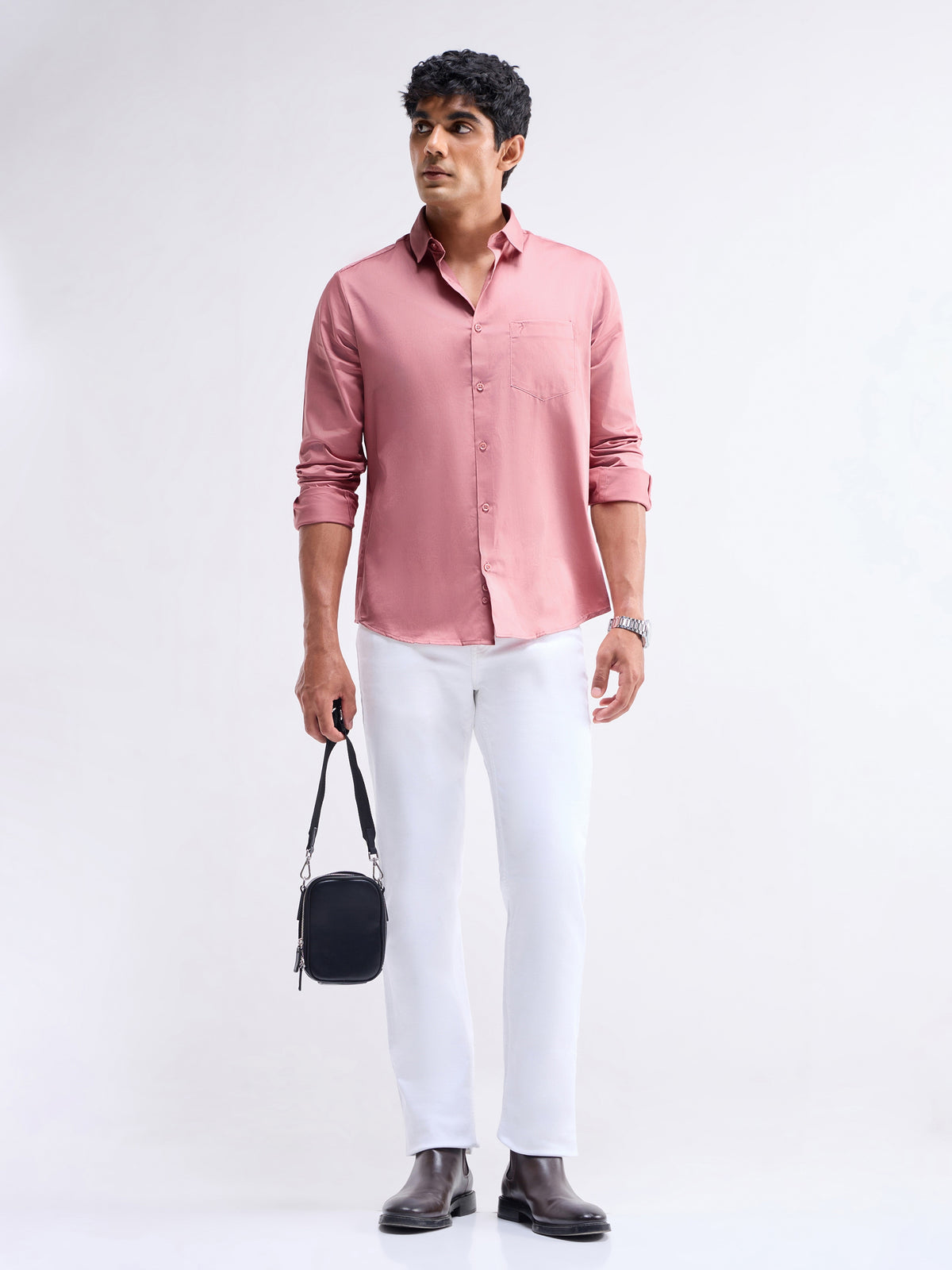 Solid Full Sleeve Cotton Stretch Shirt - Salmon t4option_8