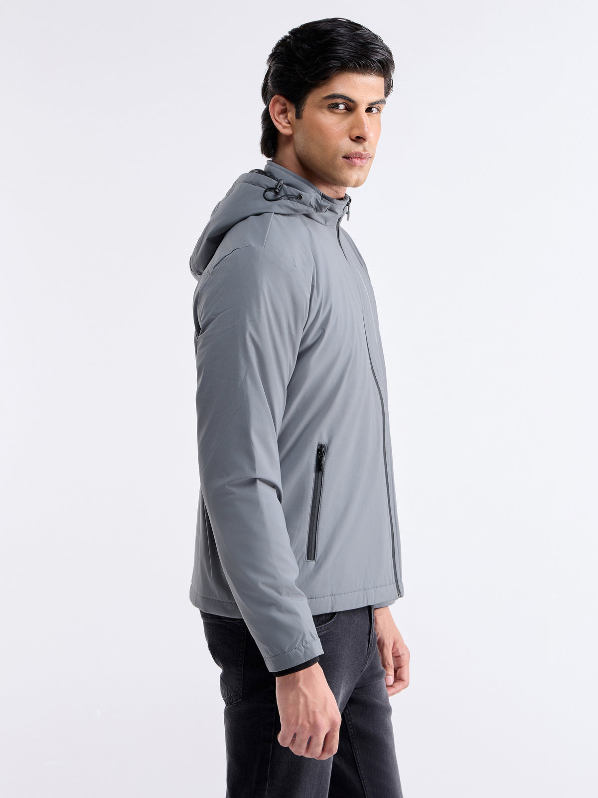Solid Full Sleeve Biker Jacket - Grey t4option_0