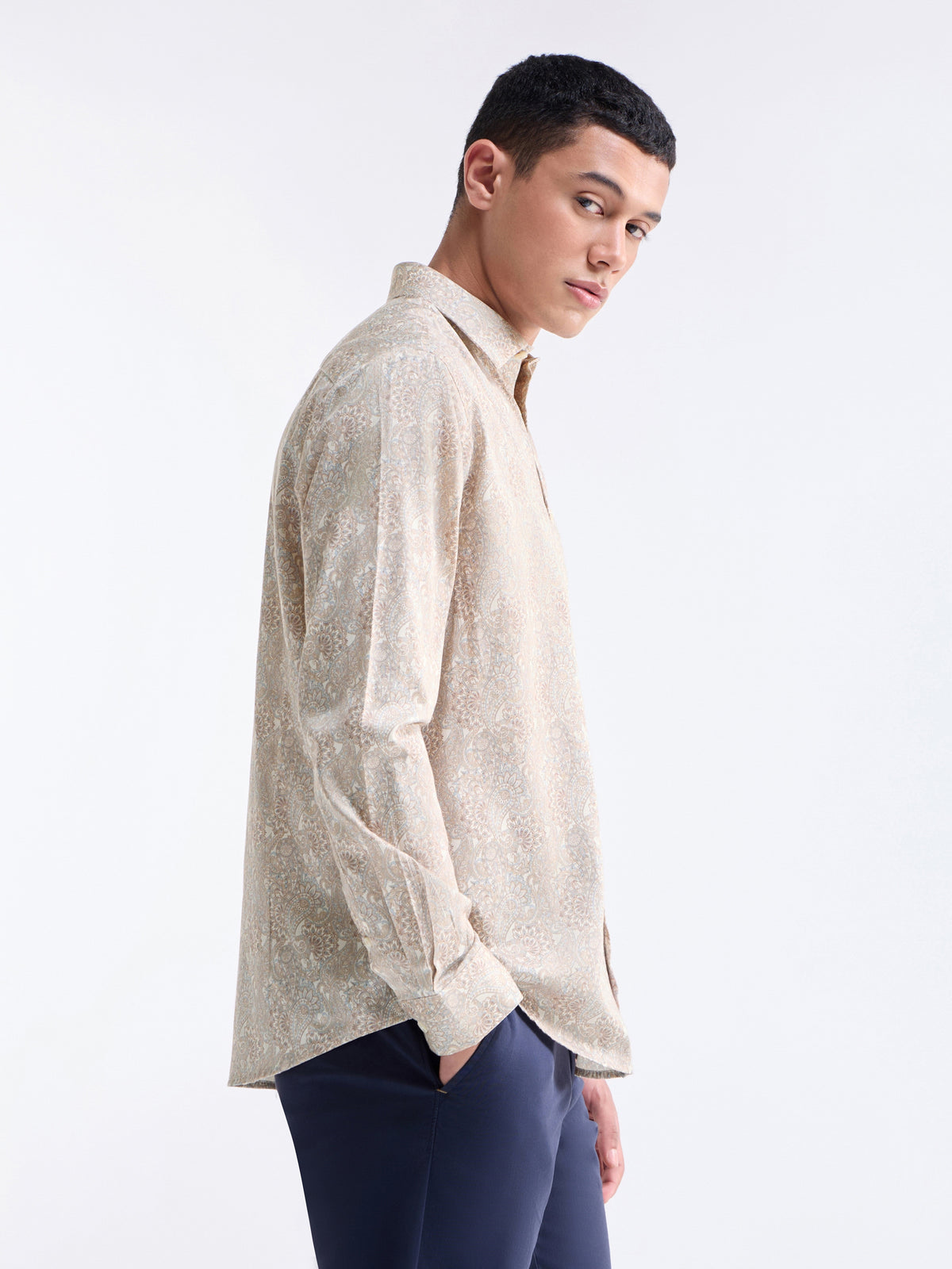 Printed Full Sleeve Cotton Shirt - Ecru t4option_0