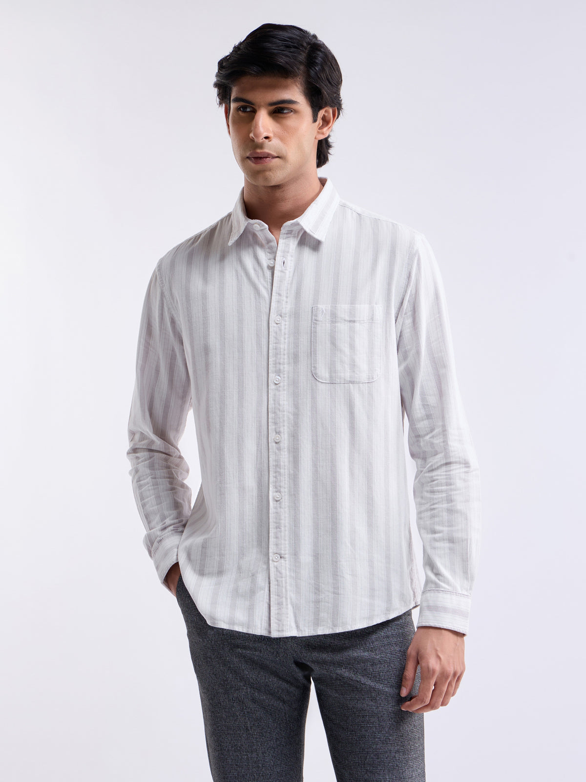 Striped Full Sleeve Cotton Shirt - White t4option_0