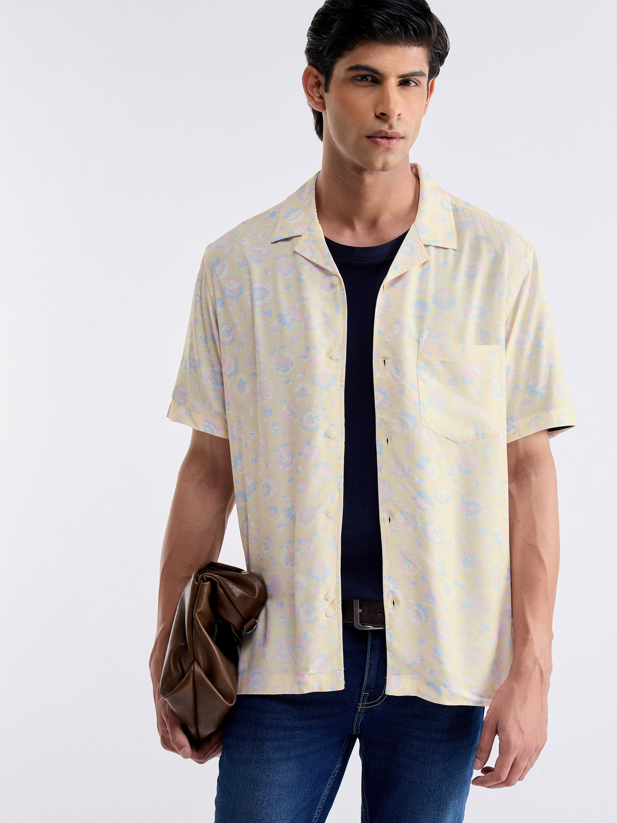 Printed Half Sleeve Cotton Modal Shirt - Yellow t4option_0