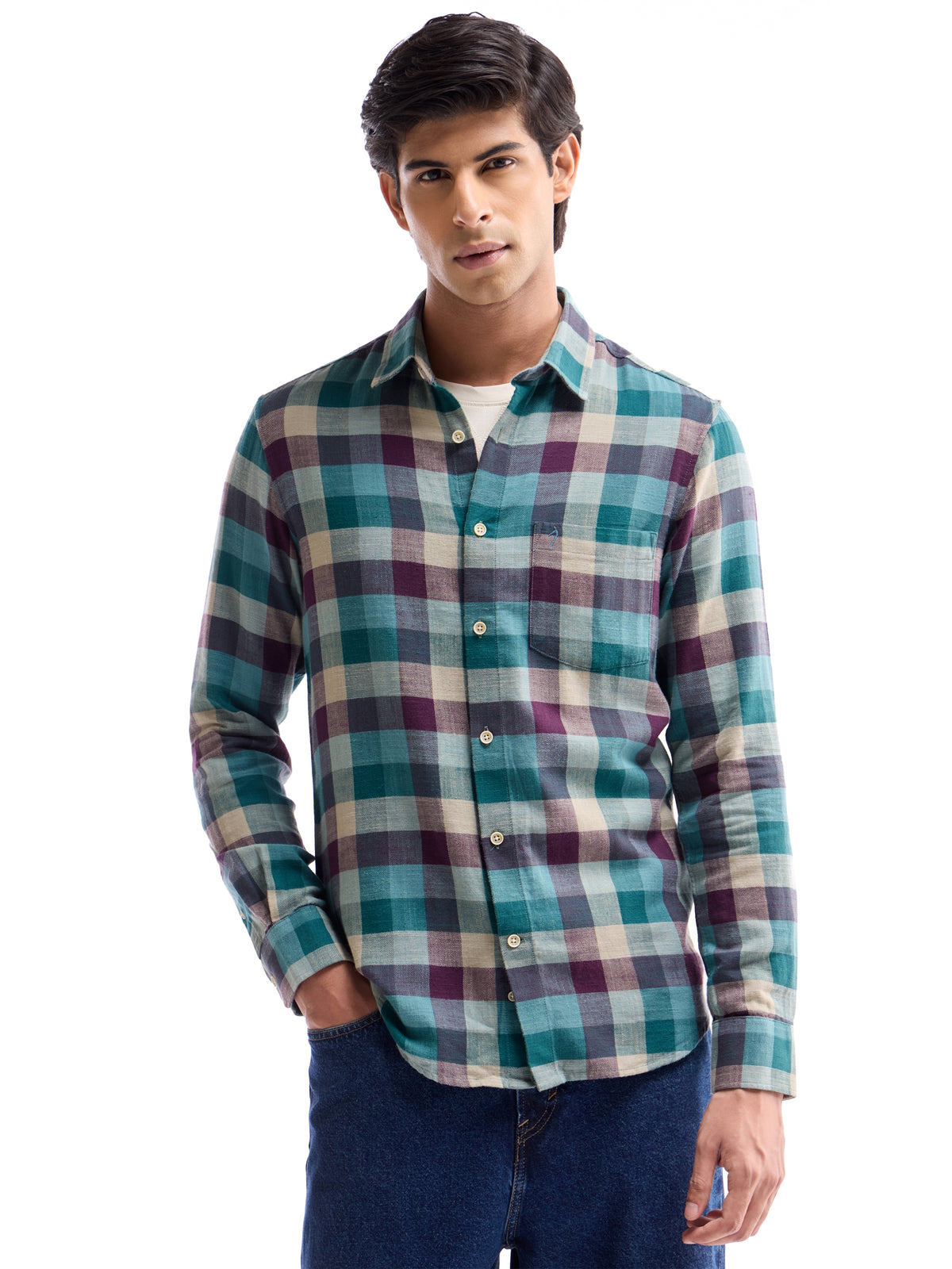 Check Full Sleeve Cotton Shirt - Teal t4option_0