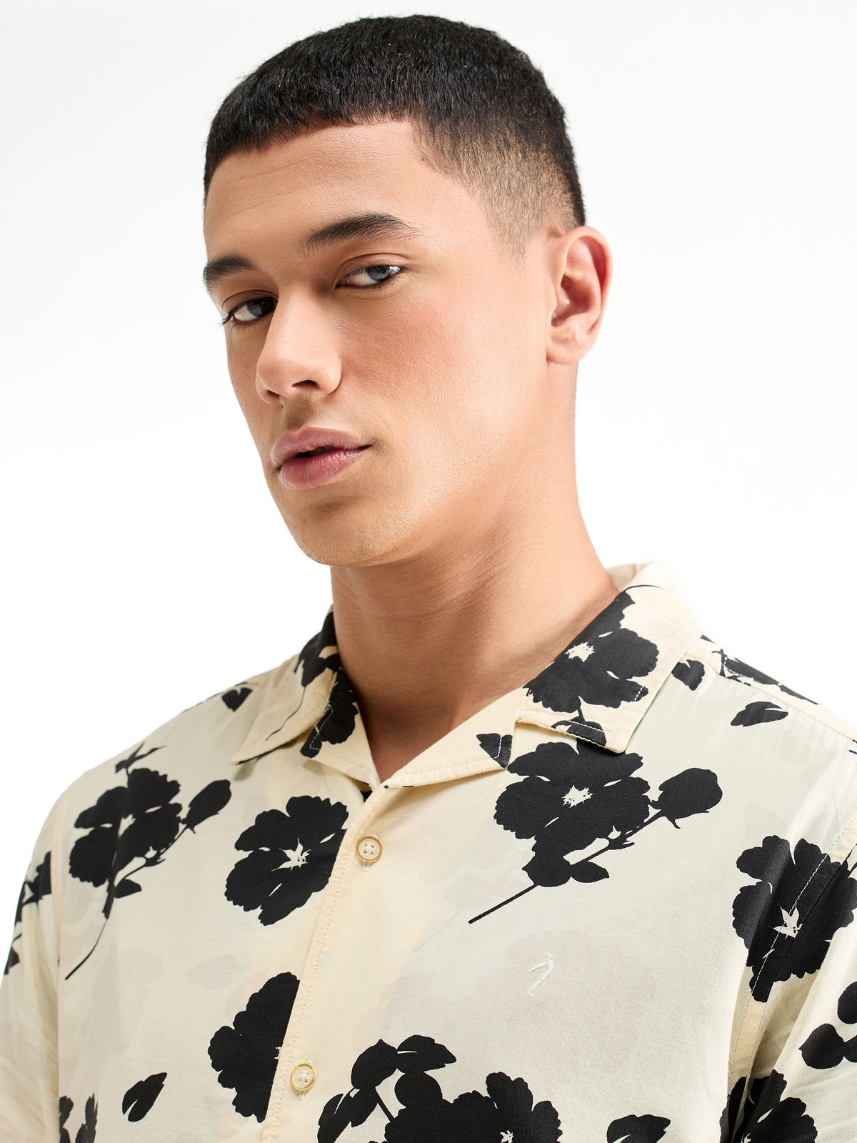 Printed Half Sleeve Cotton Viscose Shirt - Beige t4option_0