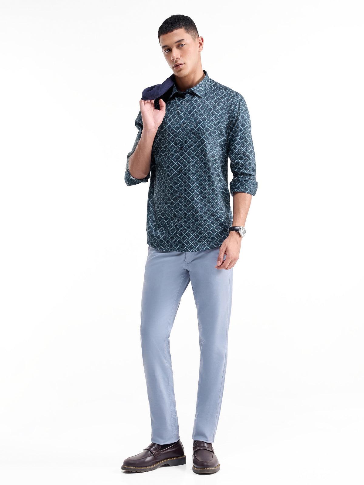 Printed Full Sleeve Cotton Shirt - Teal t4option_0