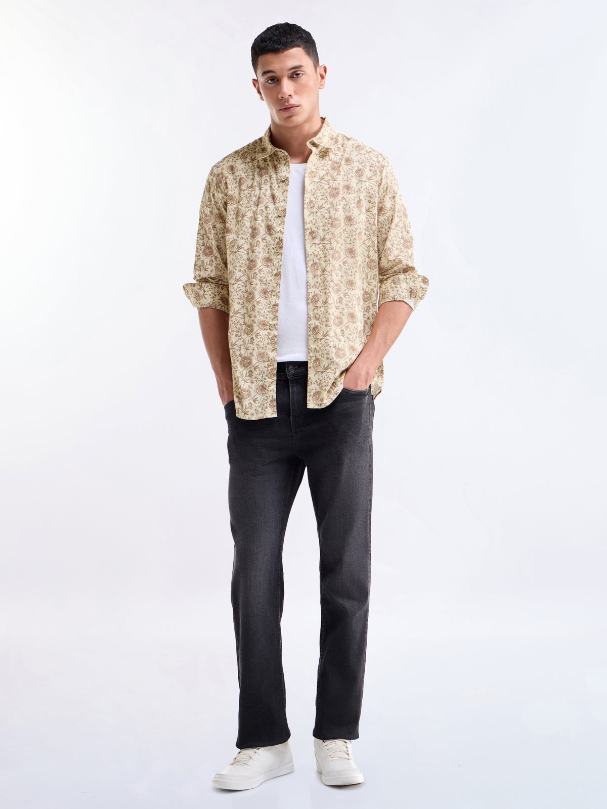 Printed Full Sleeve Cotton Shirt - Ecru t4option_0