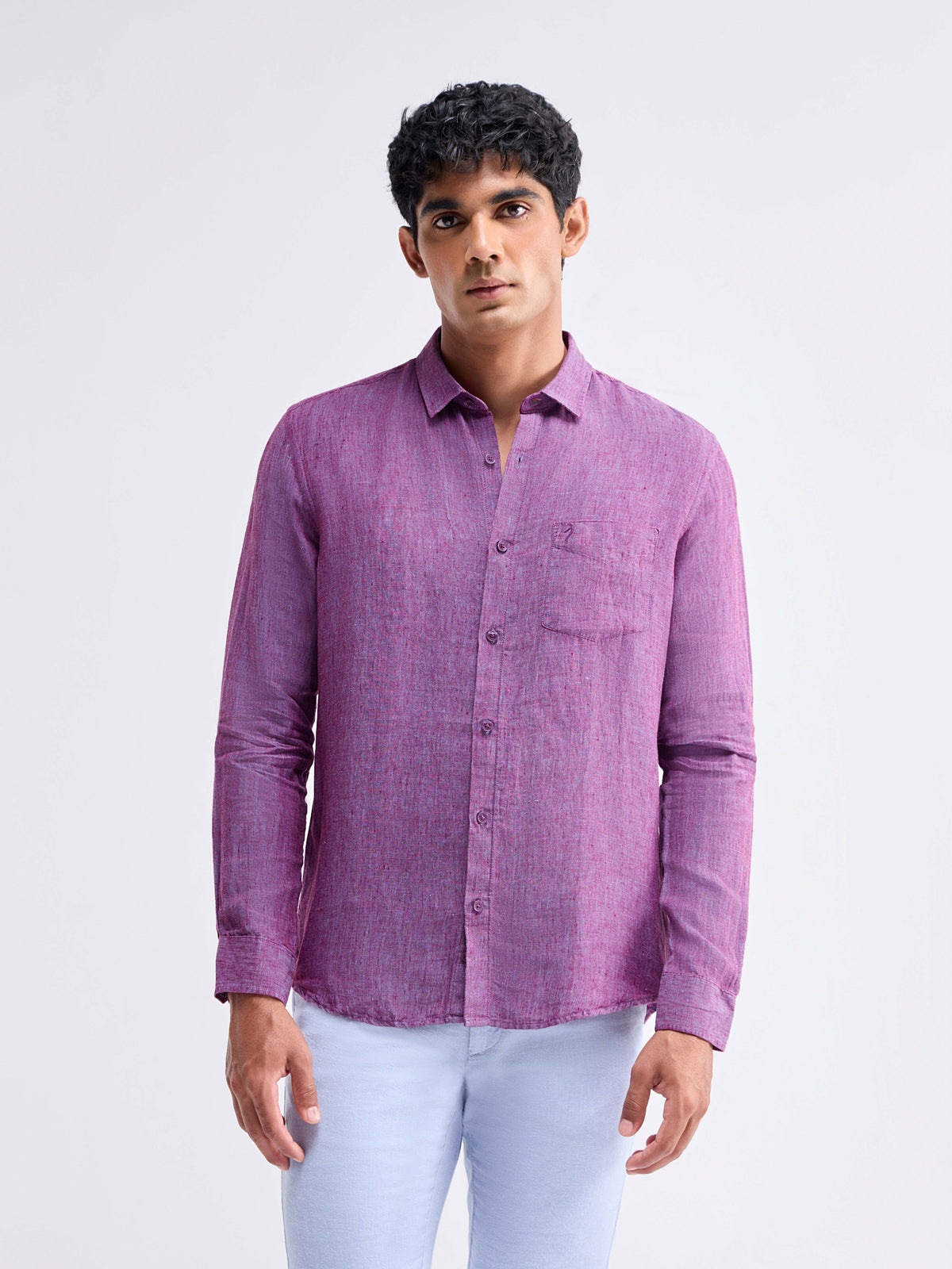 Solid Full Sleeve Linen Shirt - Purple t4option_1